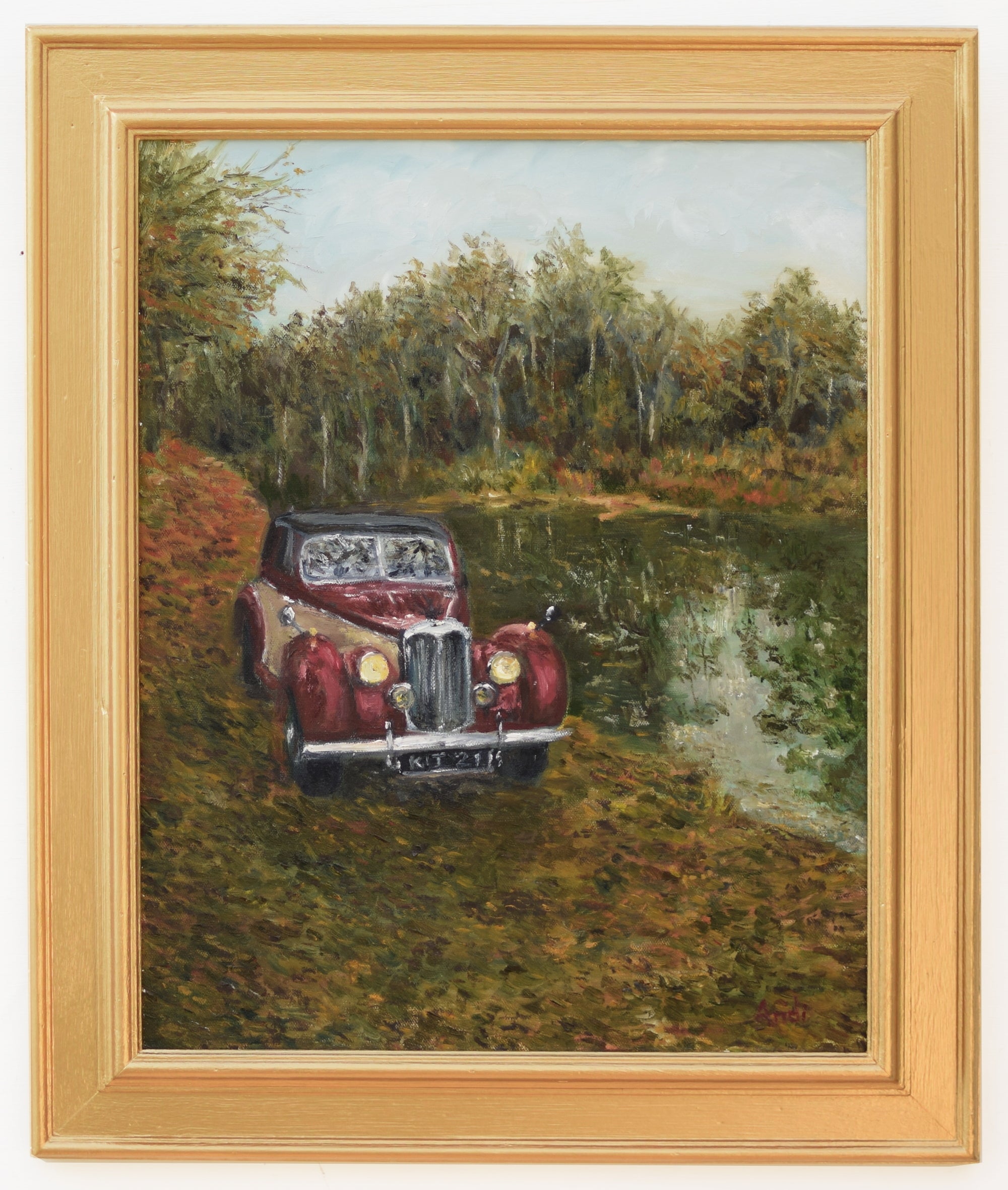 Vintage Car Painting Riley by the River Forest Landscape Oil Painting Framed Original Wall Art Landscape