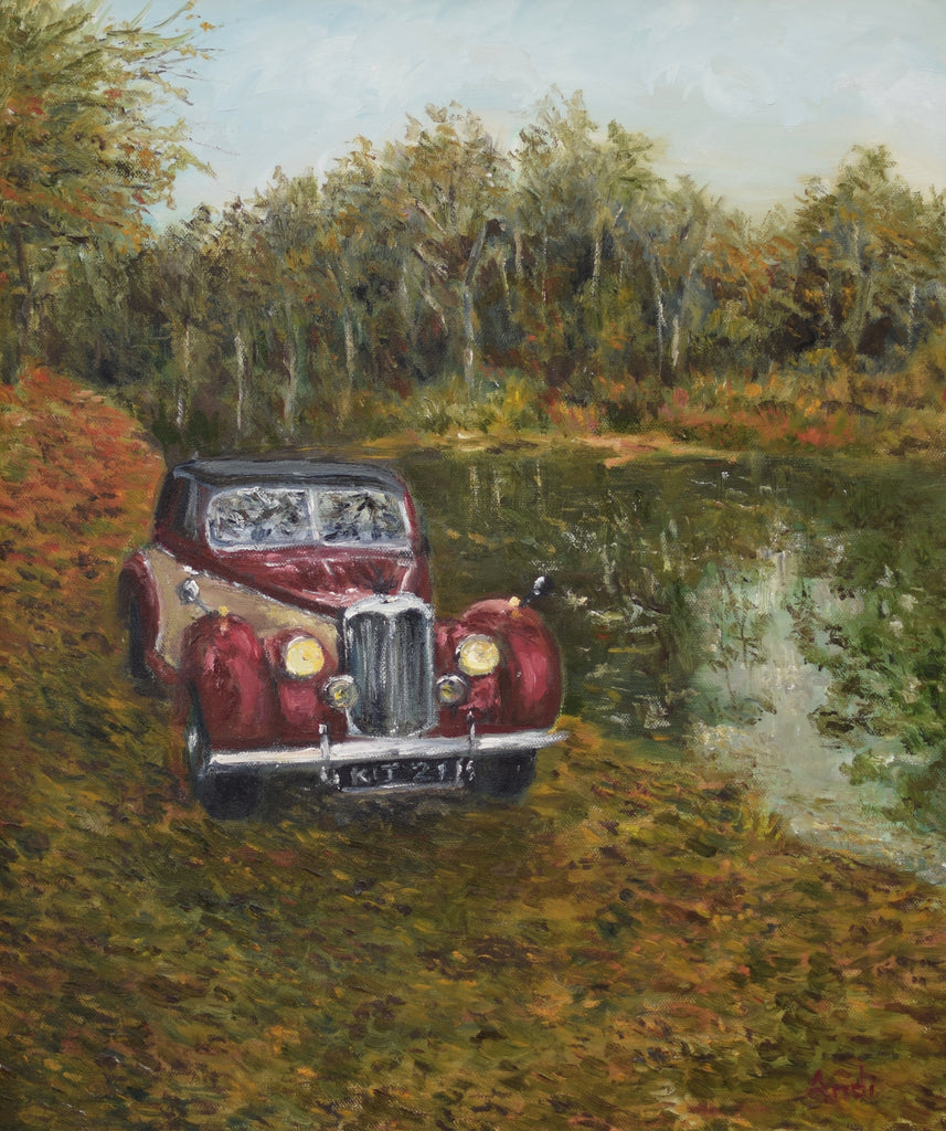 Vintage Car Painting Riley by the River Forest Landscape Oil Painting Framed Original Wall Art Landscape