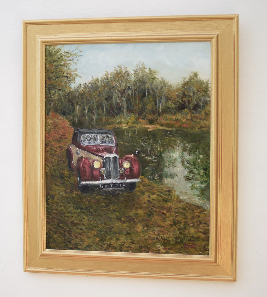Vintage Car Painting Riley by the River Forest Landscape Oil Painting Framed Original Wall Art Landscape