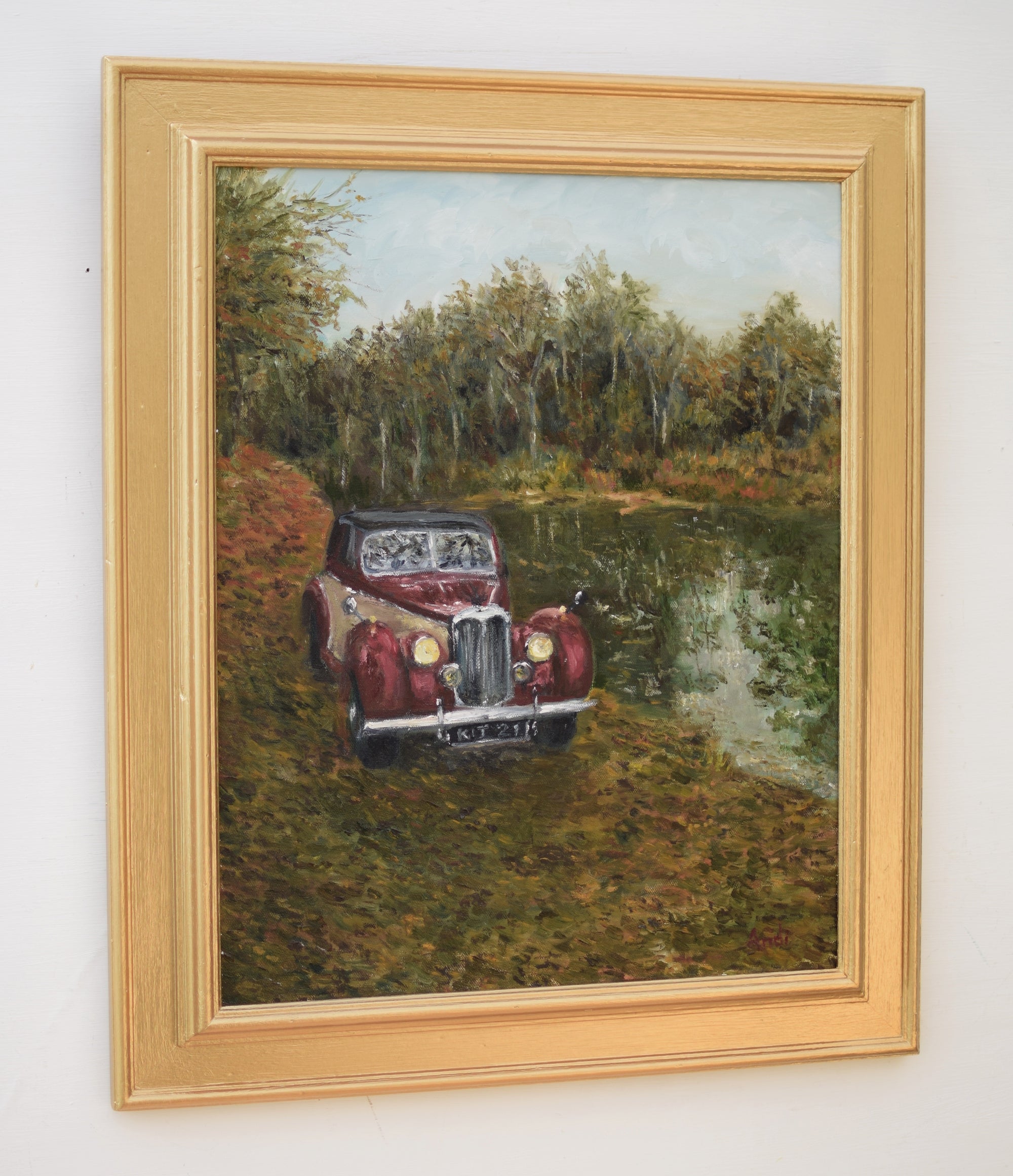 Vintage Car Painting Riley by the River Forest Landscape Oil Painting Framed Original Wall Art Landscape