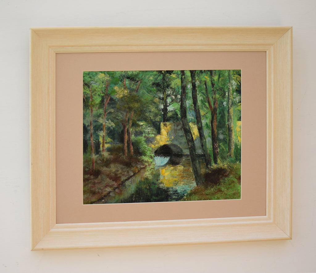 Bridge Over the River Forest Landscape Oil Painting Framed Original