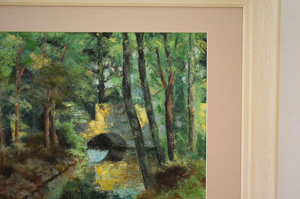 Bridge Over the River Forest Landscape Oil Painting Framed Original