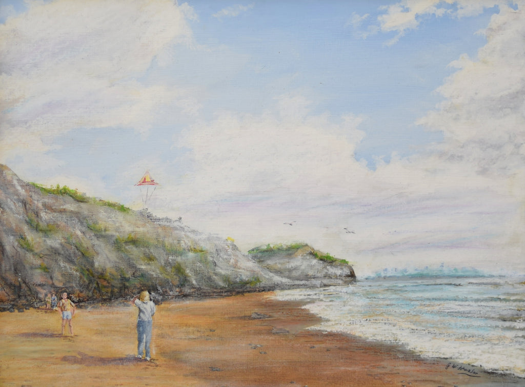 Kite Flying Beach Seascape Vintage Oil Painting Signed Framed