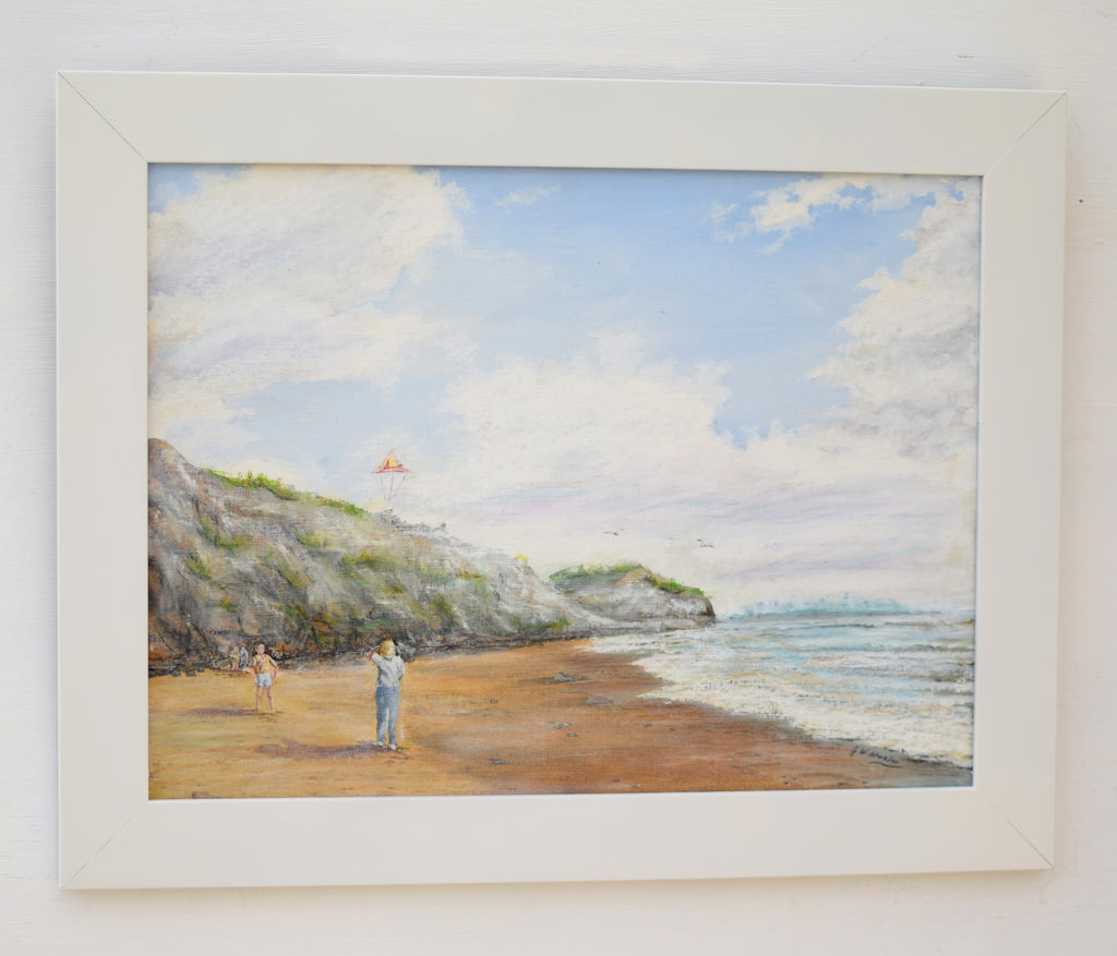 Kite Flying Beach Seascape Vintage Oil Painting Signed Framed