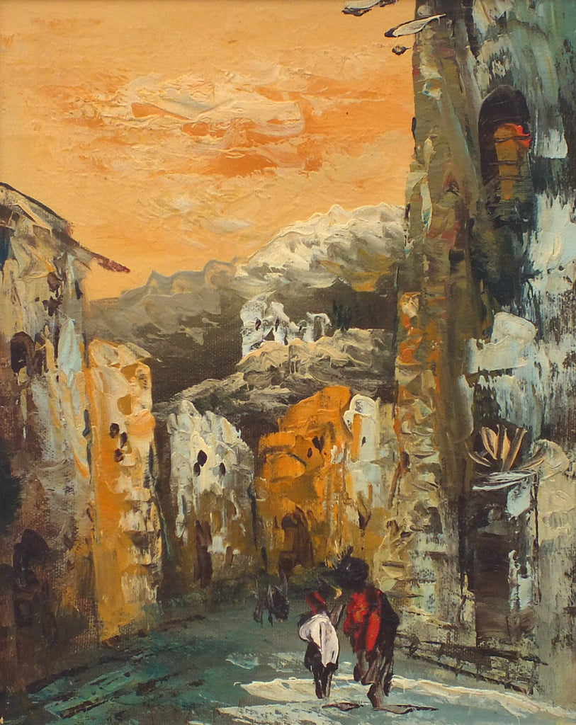 Spanish Street Scene Vintage Oil Painting Spain Town Landscape