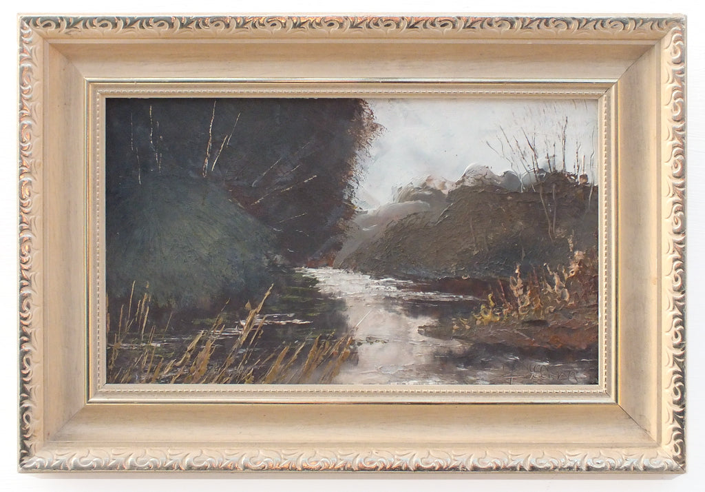 English Landscape Riverbank at Downton Wiltshire Oil Painting