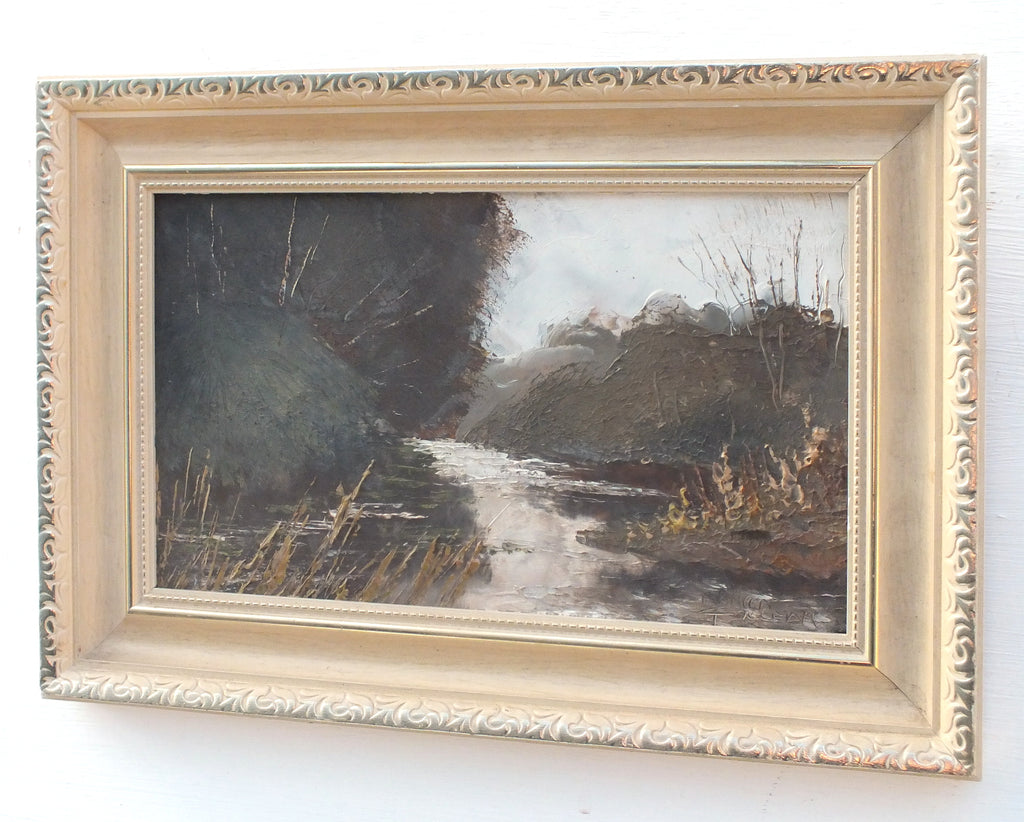 English Landscape Riverbank at Downton Wiltshire Oil Painting