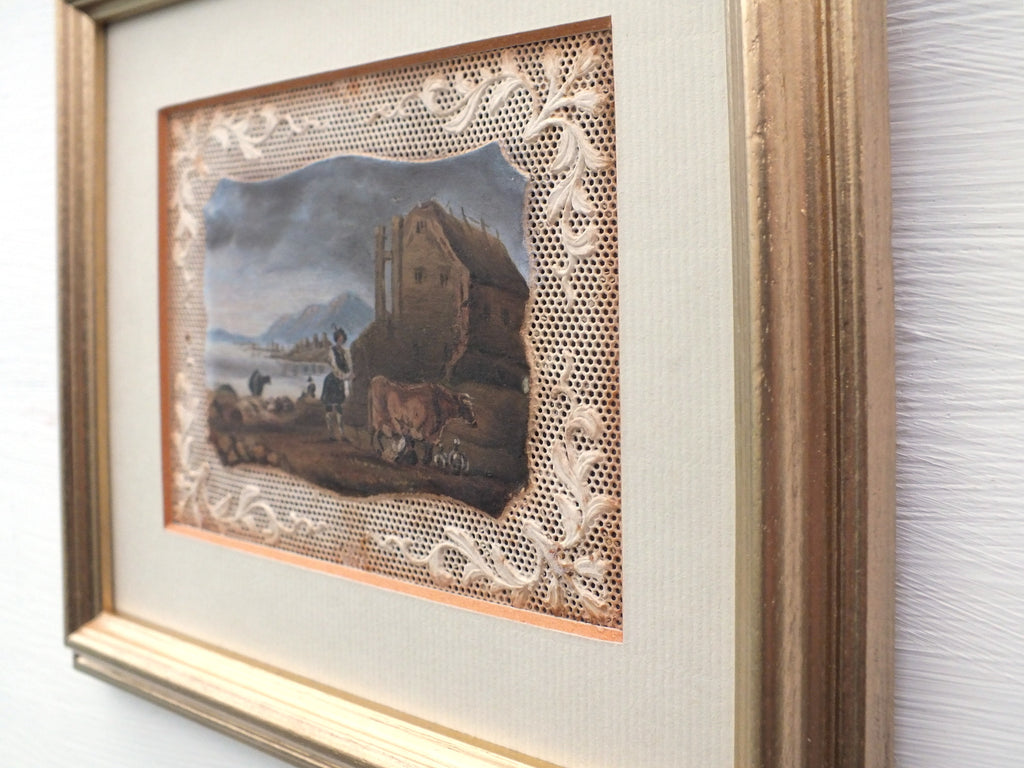 Miniature Antique Oil Painting Framed Austrian Landscape Cattle Herder