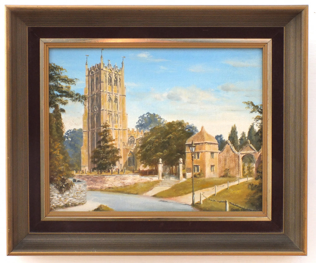 English Country Landscape Oil Painting Signed Framed Original Chipping Campden St James Church