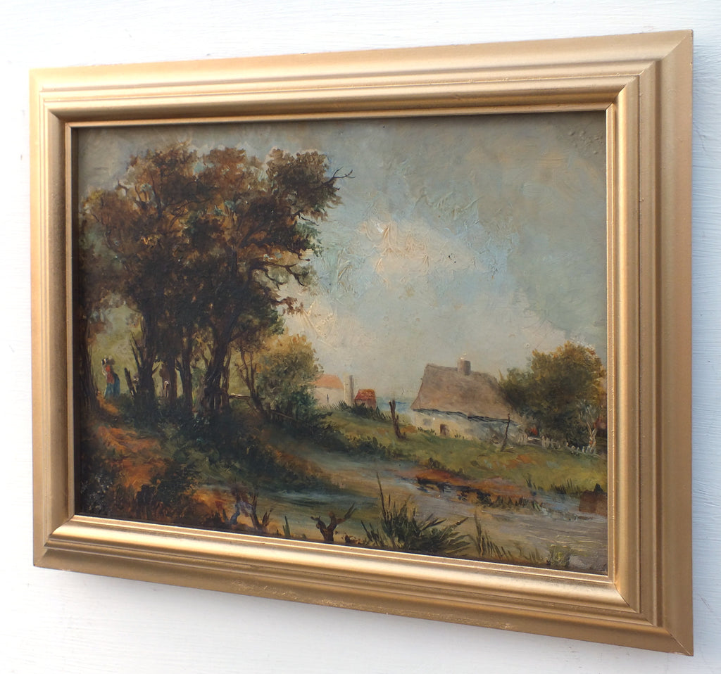 English Landscape Oil Painting Victorian Country Cottage Framed Original Antique Art