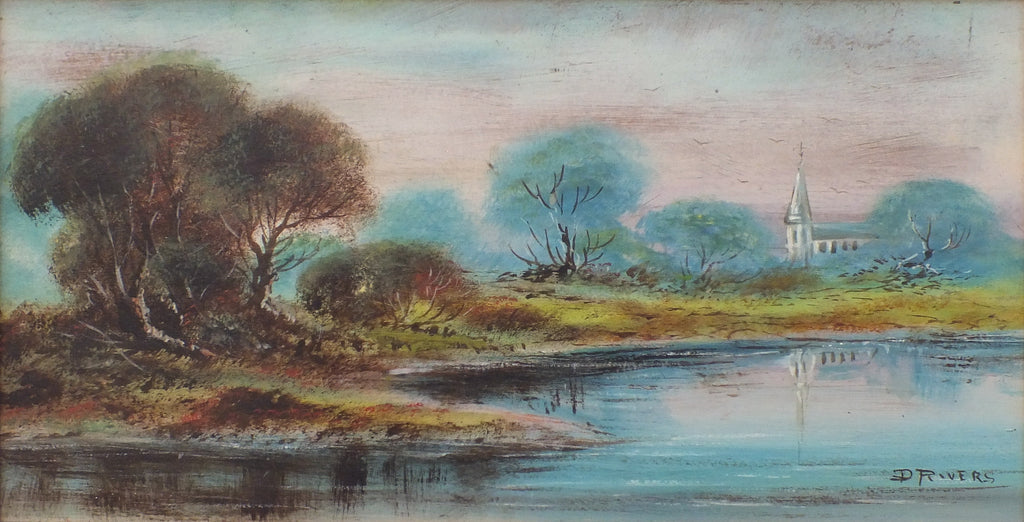 English Landscape Oil Painting Lake Church Signed Framed Original