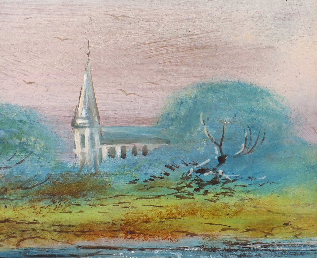 English Landscape Oil Painting Lake Church Signed Framed Original