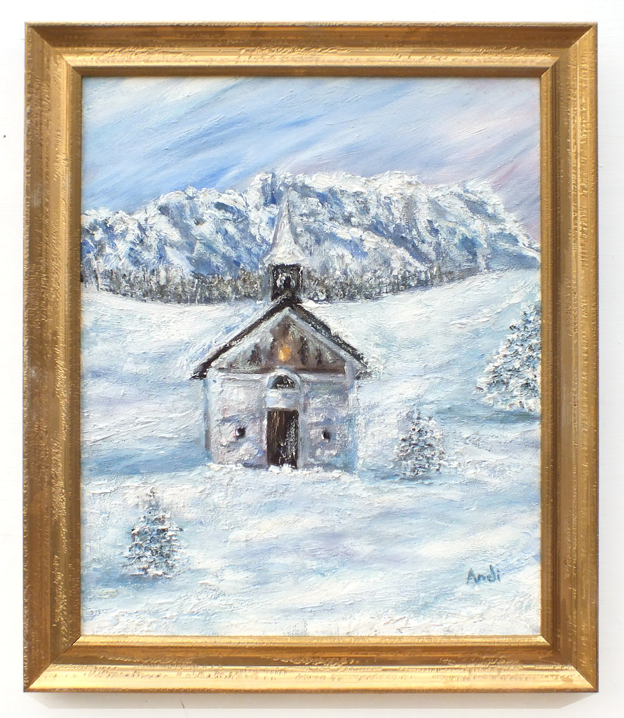 Alpine Church Winter Landscape Oil Painting by Andi Lucas