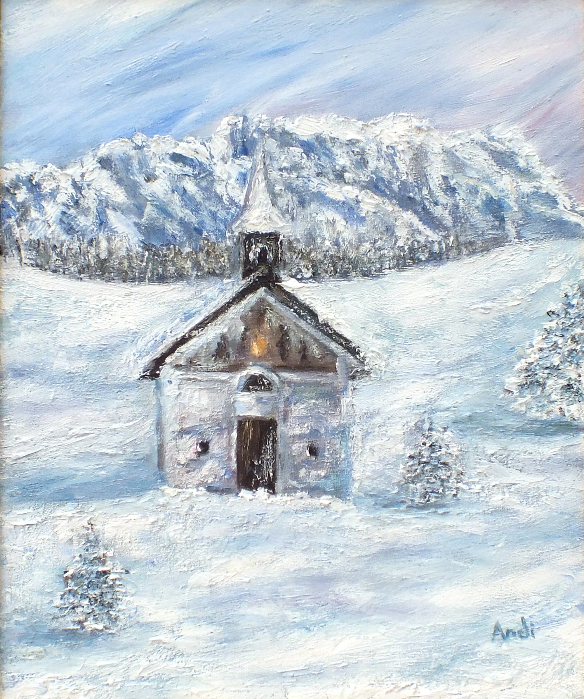 Alpine Church Winter Landscape Oil Painting by Andi Lucas