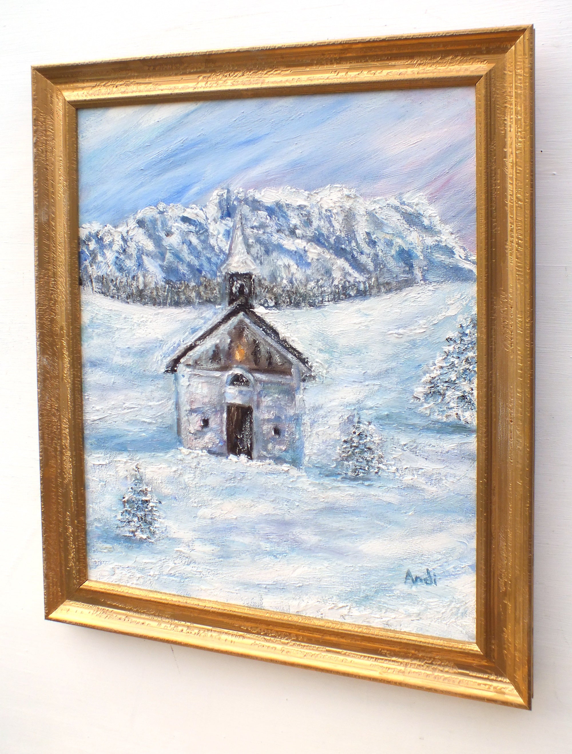 Alpine Church Winter Landscape Oil Painting by Andi Lucas