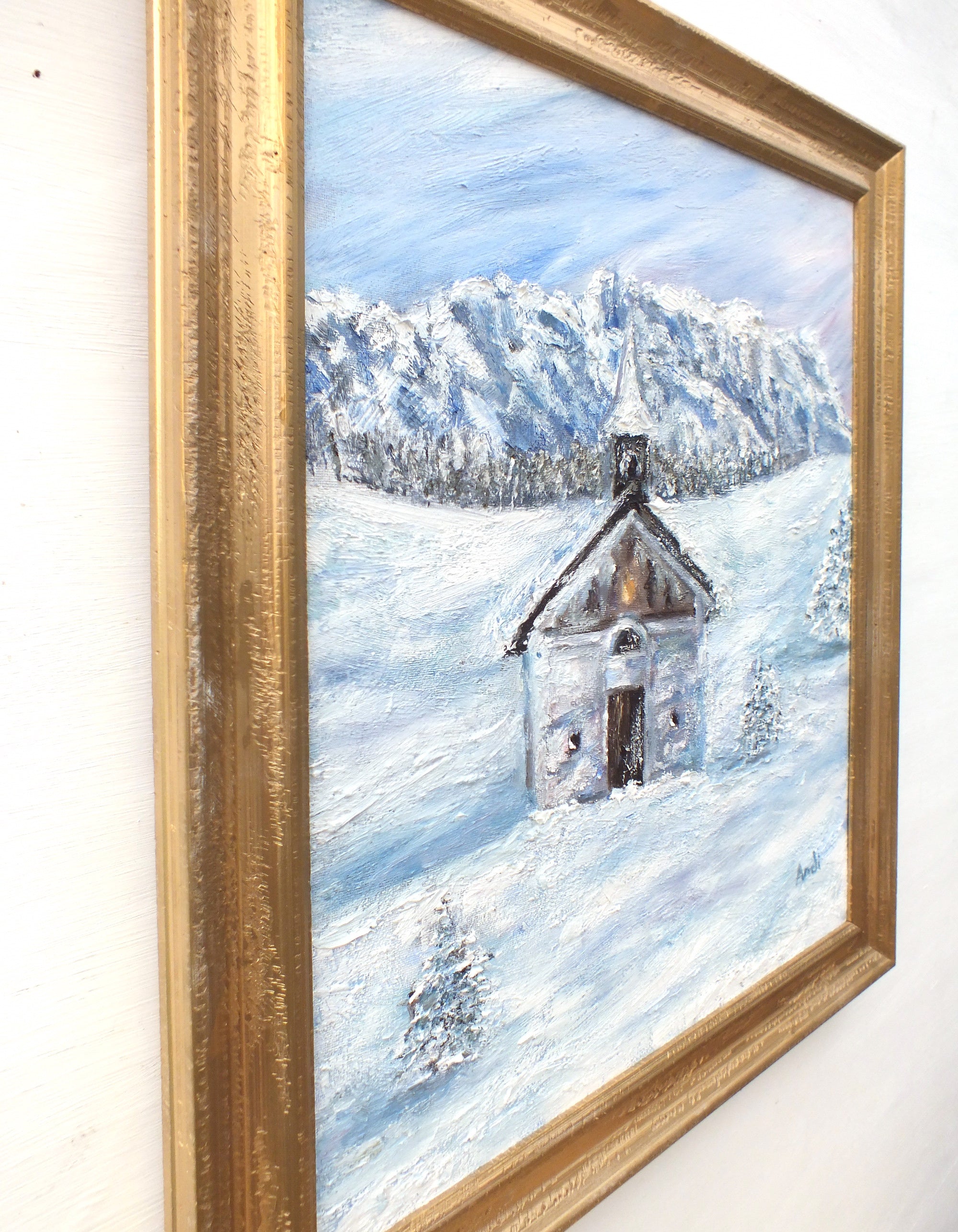 Alpine Church Winter Landscape Oil Painting by Andi Lucas