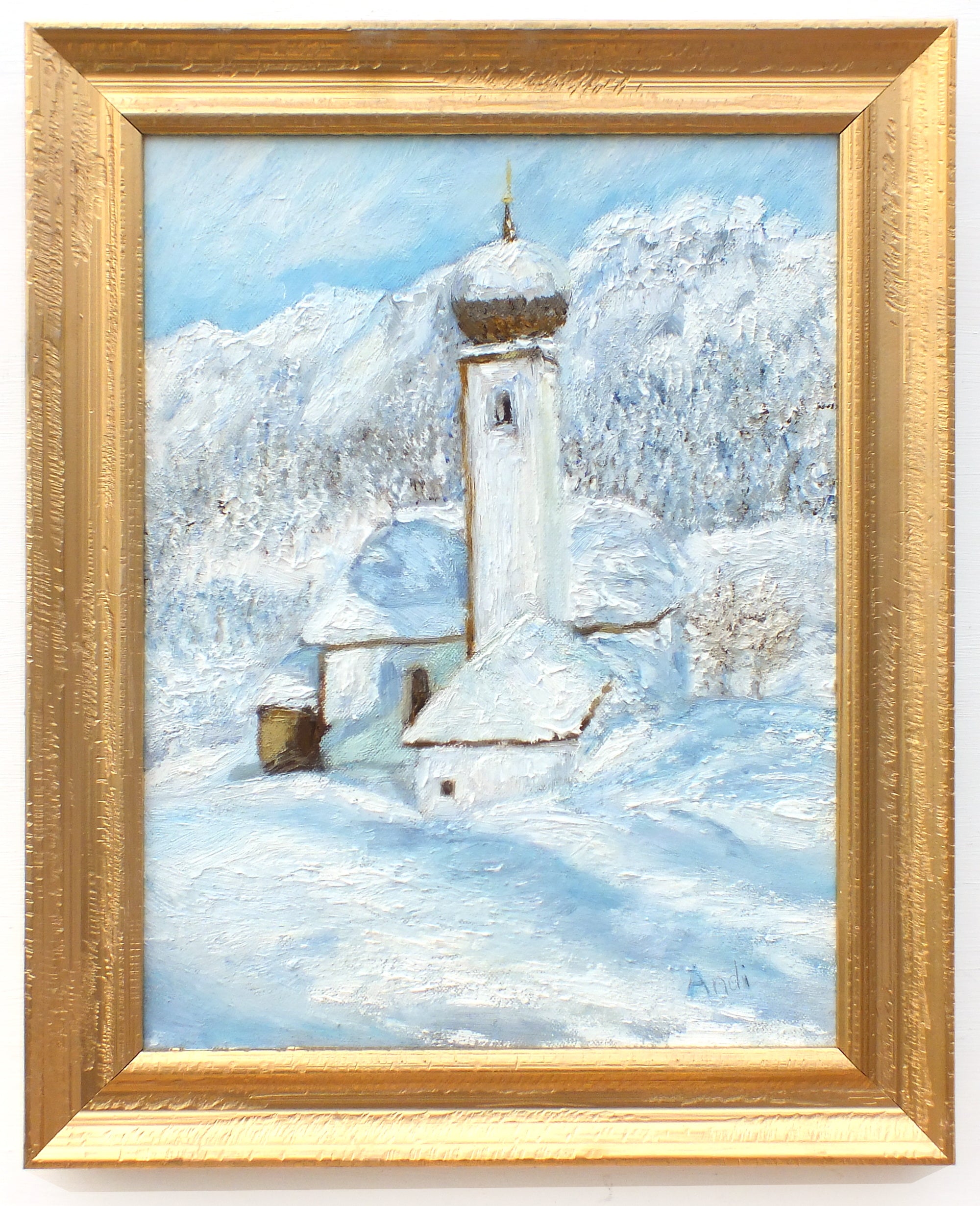 Austrian Church Winter Landscape Oil Painting by Andi Lucas