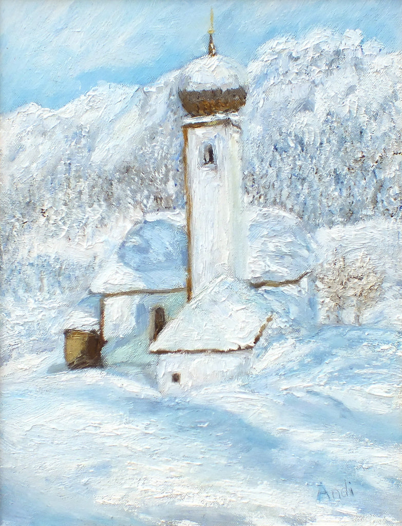 Austrian Church Winter Landscape Oil Painting by Andi Lucas