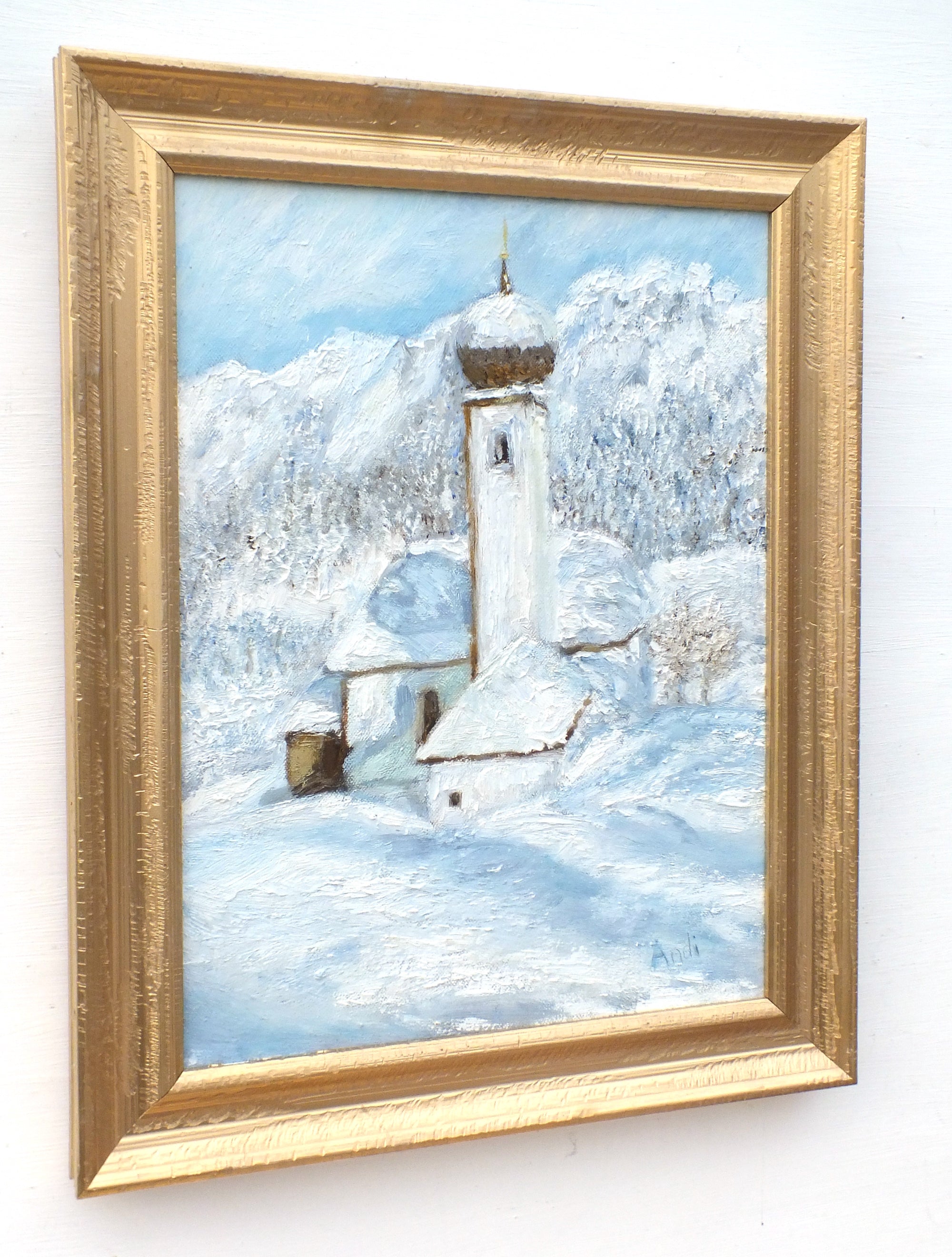 Austrian Church Winter Landscape Oil Painting by Andi Lucas