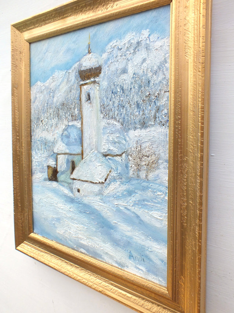 Austrian Church Winter Landscape Oil Painting by Andi Lucas