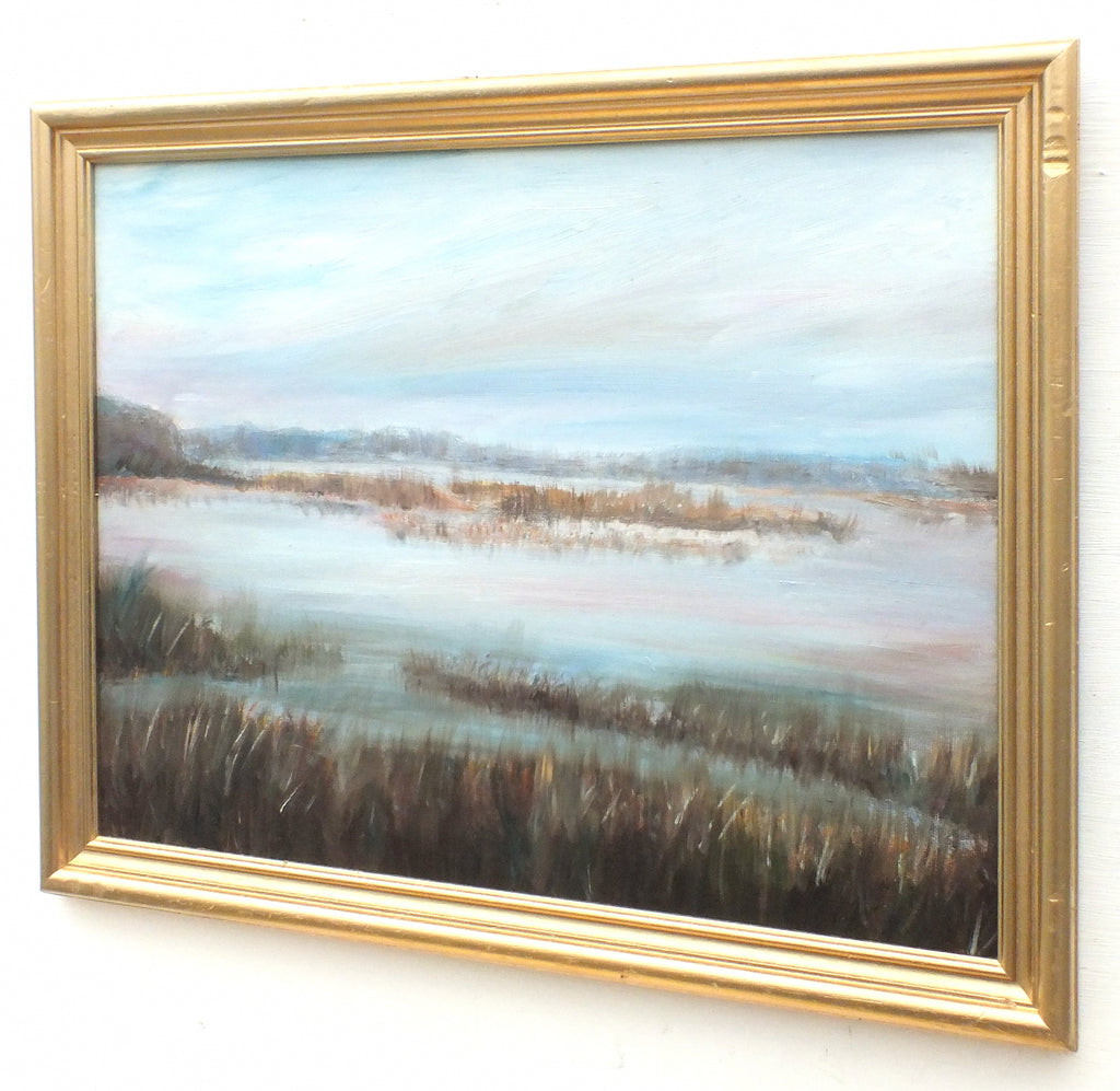 French Landscape Vintage Sunset Oil Painting Signed Wetlands Art La Brenne