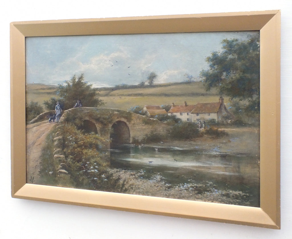English Country Landscape Antique Oil Painting Malmsmead Bridge River Crossing Victorian Frame Signed Doone Valley