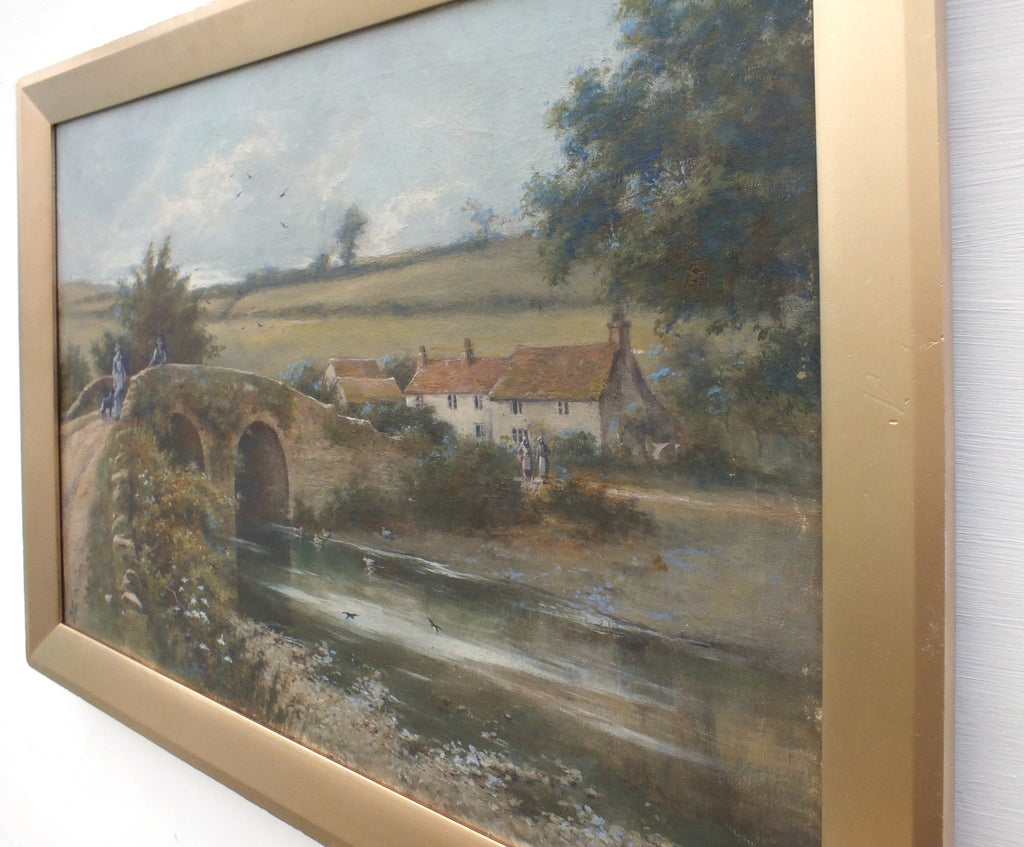 English Country Landscape Antique Oil Painting Malmsmead Bridge River Crossing Victorian Frame Signed Doone Valley