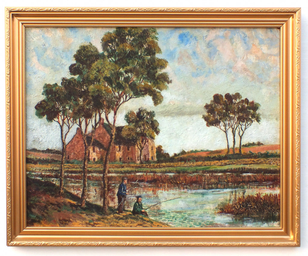 English Landscape Vintage Oil Painting Fishing Lake Framed