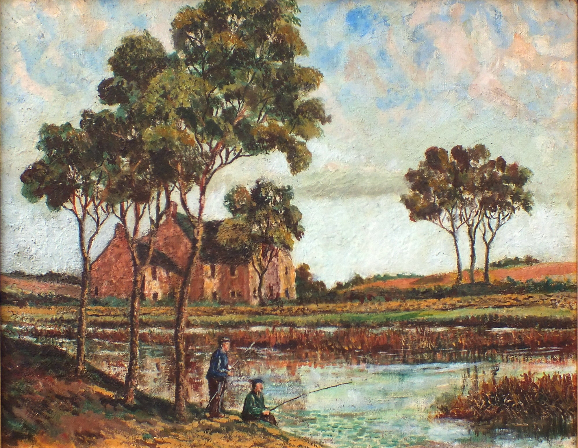English Landscape Vintage Oil Painting Fishing Lake Framed