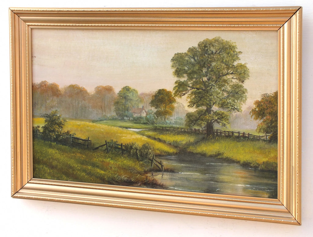 English Landscape River Gipping near Needham Market Suffolk Oil Painting Framed