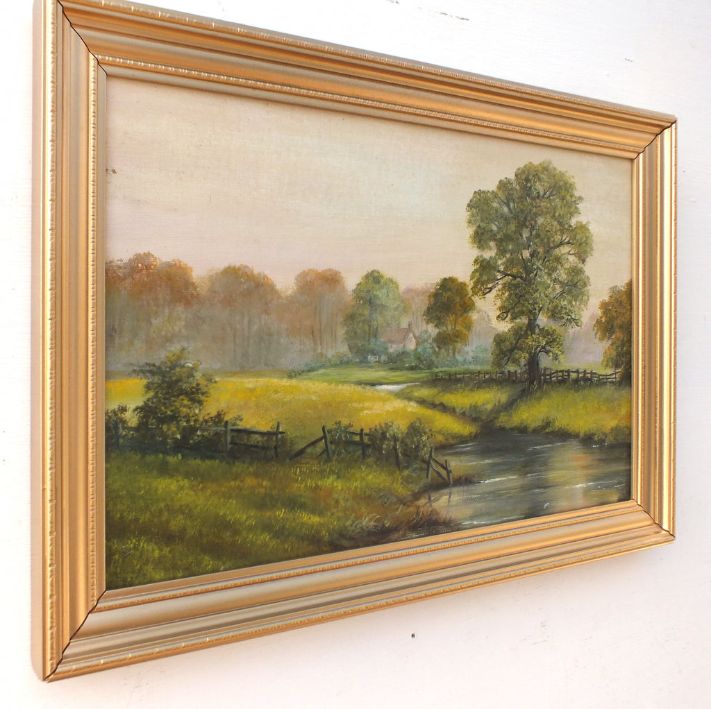 English Landscape River Gipping near Needham Market Suffolk Oil Painting Framed