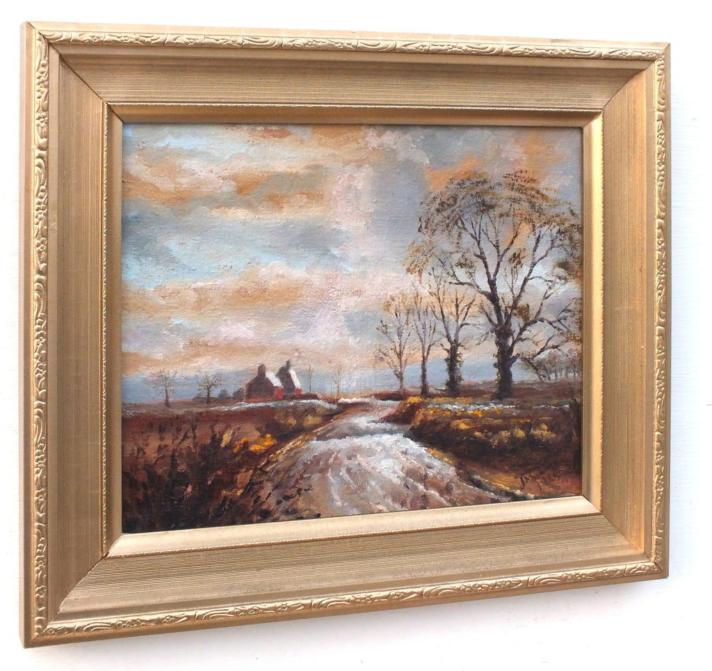 Dunsford Farm Winter English Country Landscape Oil Painting Signed Framed