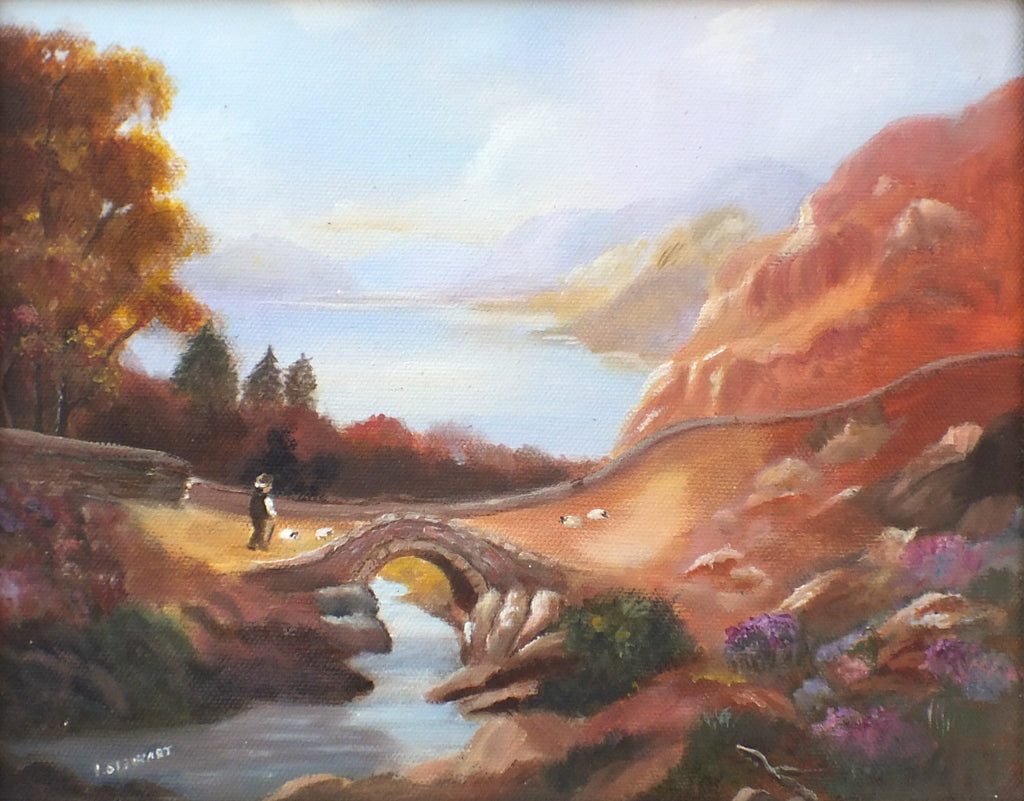 Mountain Lake Landscape Sheep Farming Oil Painting Framed