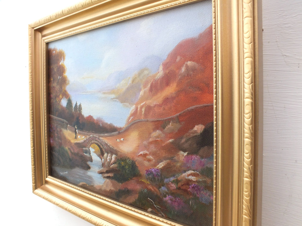 Mountain Lake Landscape Sheep Farming Oil Painting Framed