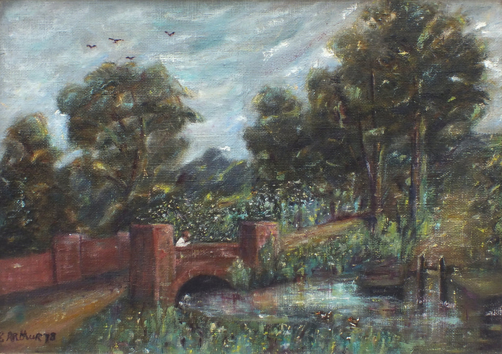 Warwickshire Landscape Oil Painting River Bridge Framed Signed