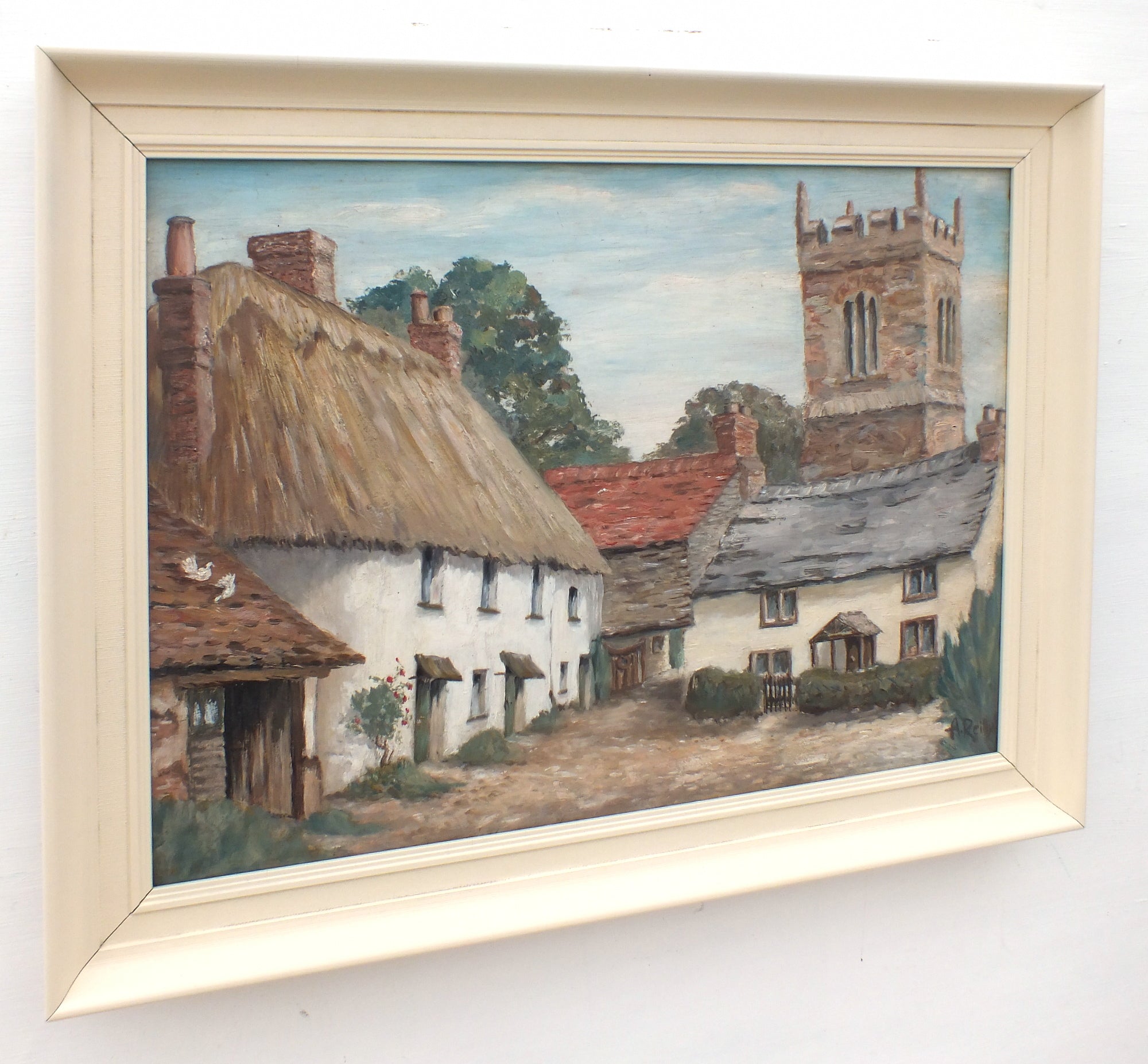 Thatched Cottage English Country Landscape Lincolnshire Oil Painting Framed
