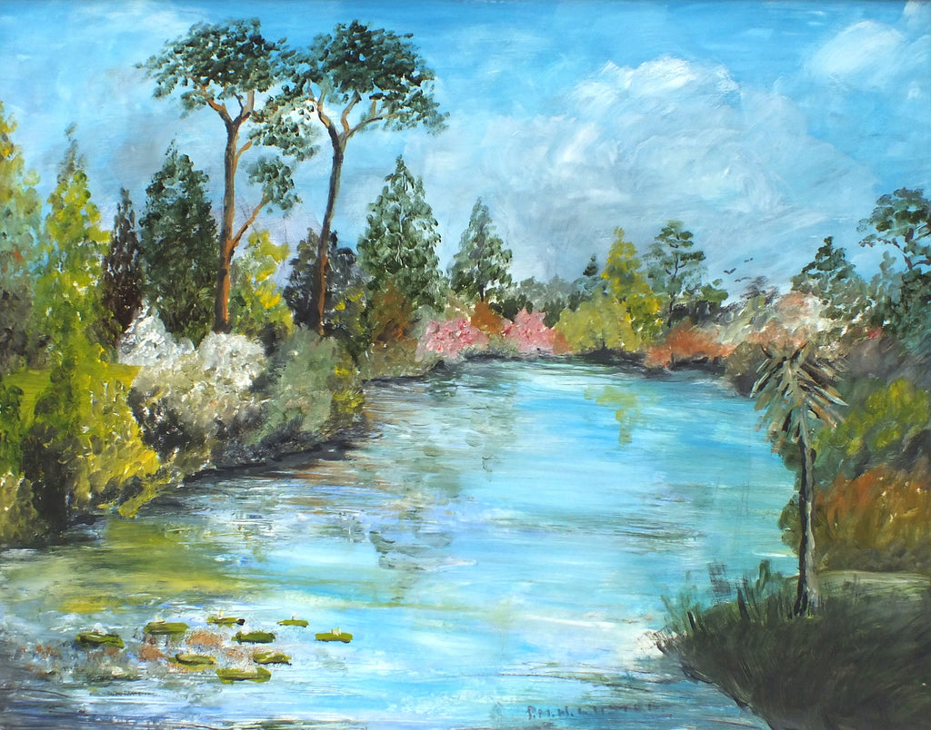 English Landscape Sheffield Park Gardens Lake Vibrant Vintage Oil Painting