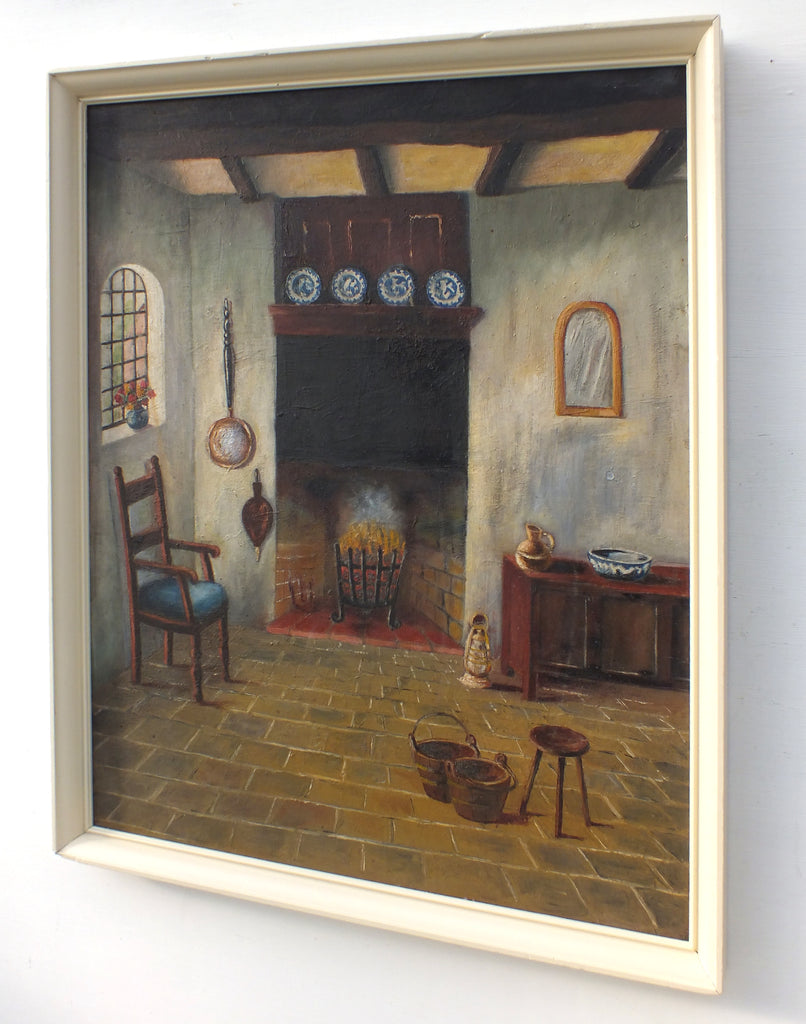 Country Cottage Oil Painting Open Fireplace Framed Original