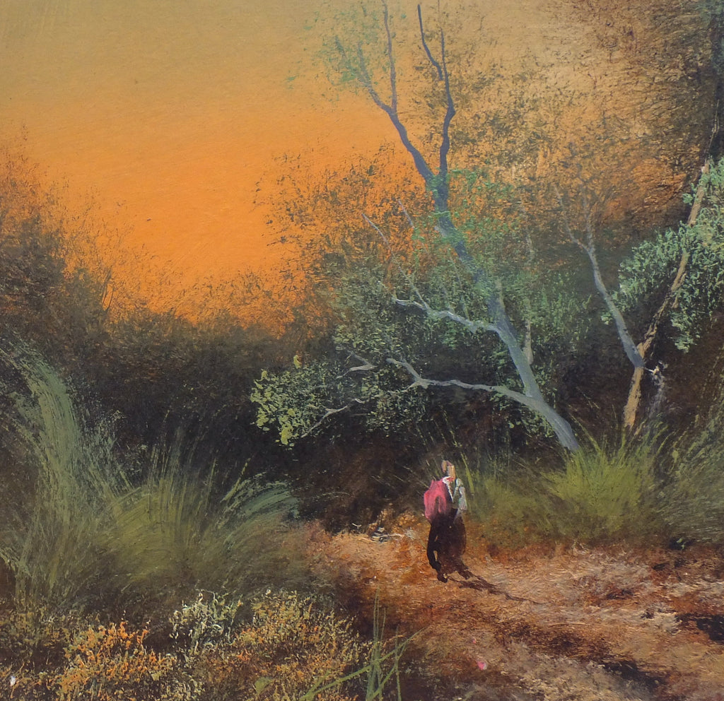 English Landscape Victorian Oil Painting Forest Path Sunset Scene Framed Original Antique Art  