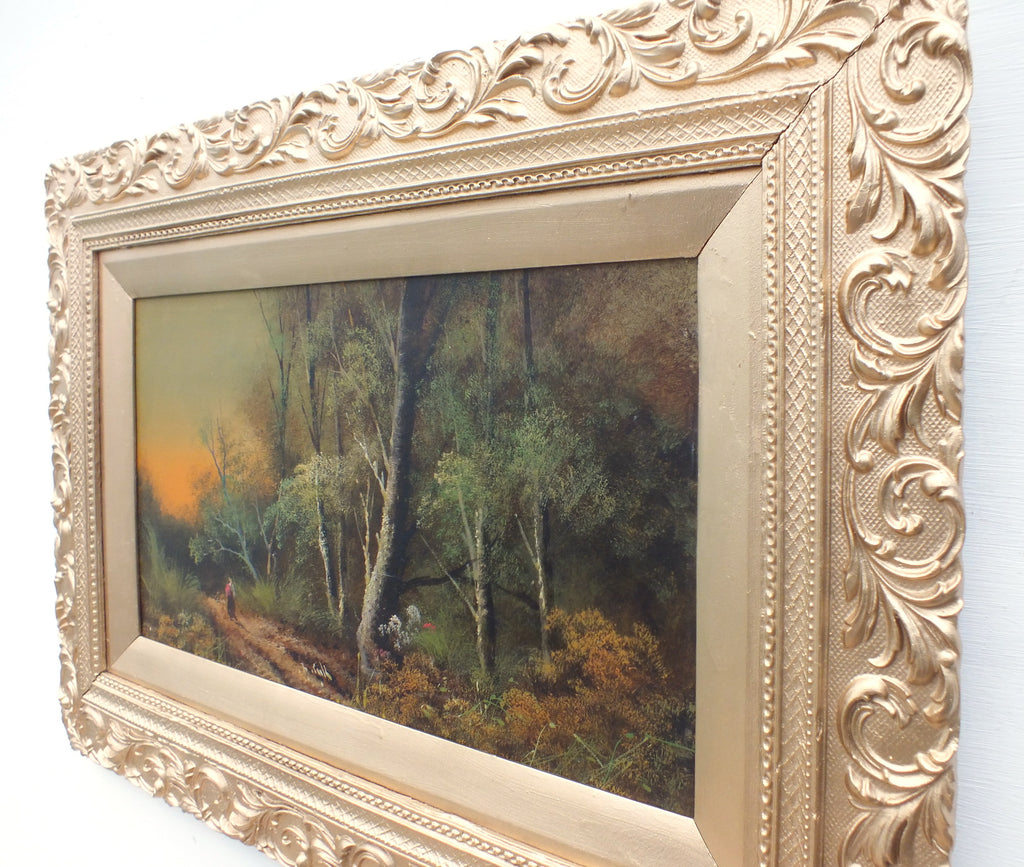 English Landscape Victorian Oil Painting Forest Path Sunset Scene Framed Original Antique Art  