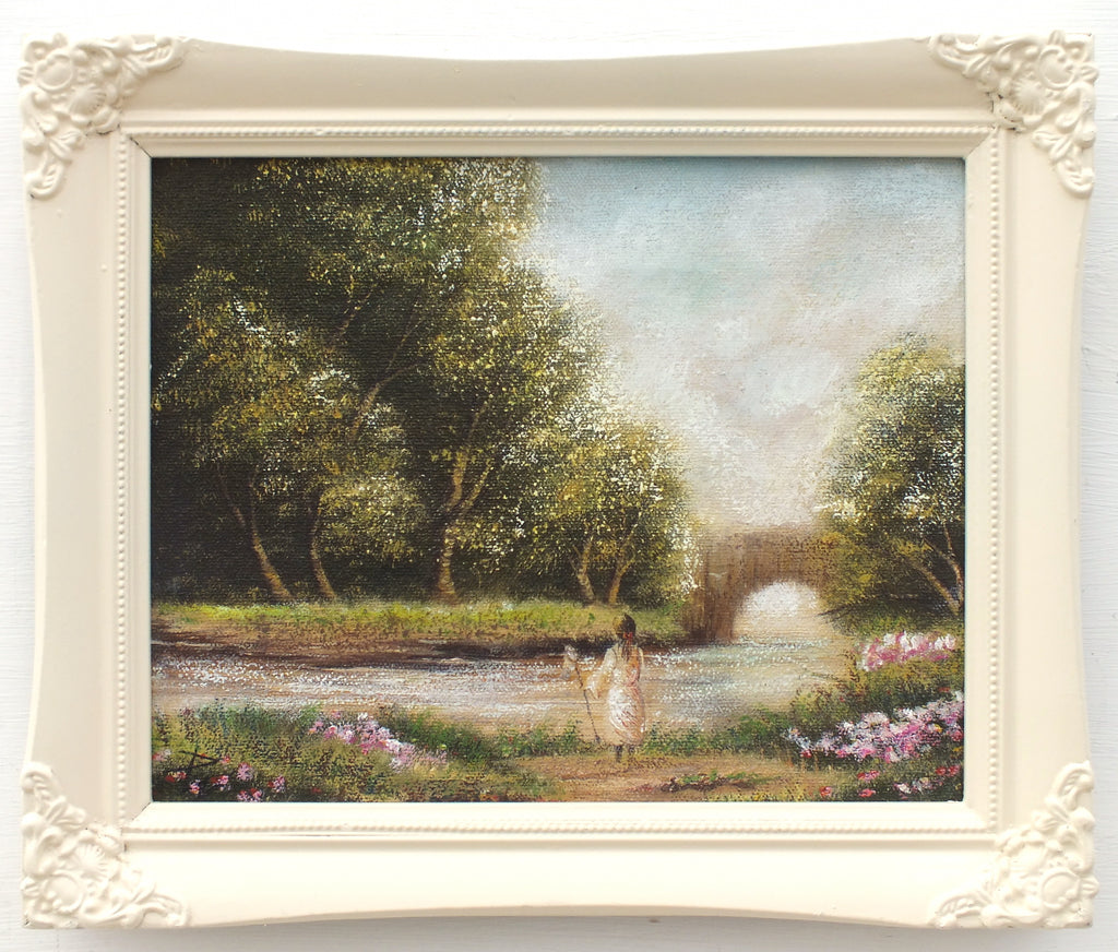 English Landscape River Girl Fishing Oil Painting Forest Scene Framed