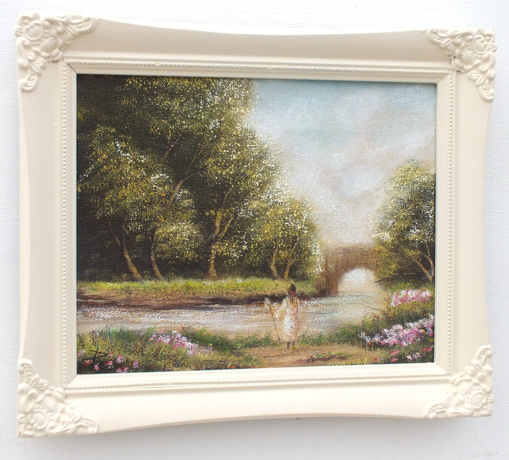 English Landscape River Girl Fishing Oil Painting Forest Scene Framed