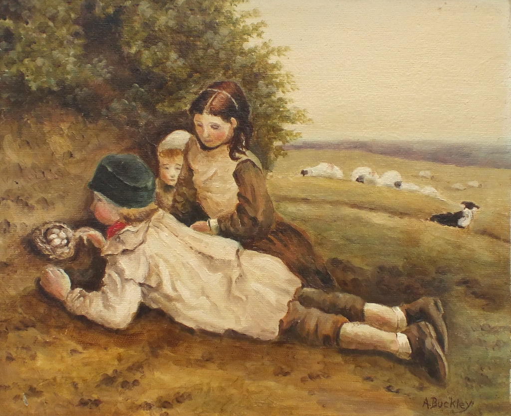 Children Pastoral Scene Oil Painting Signed Framed Original