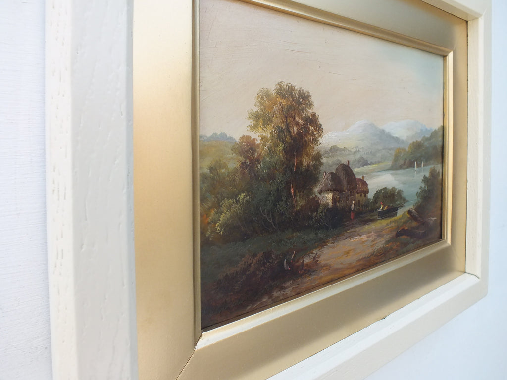 Victorian Oil Painting Antique Lakeside Boat Cottage Scene - GalleryThane.com