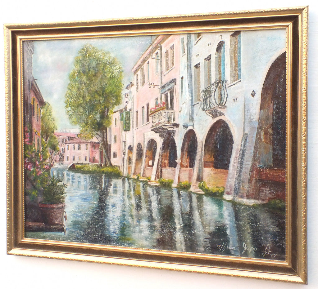 Italian Oil Painting Treviso Architecture River Wall Art Signed Framed Italy Veneto