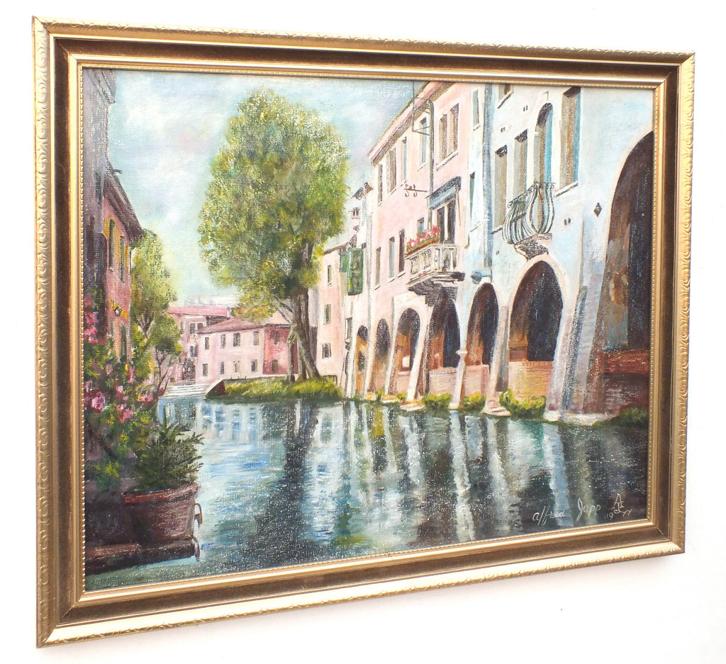 Italian Oil Painting Treviso Architecture River Wall Art Signed Framed Italy Veneto