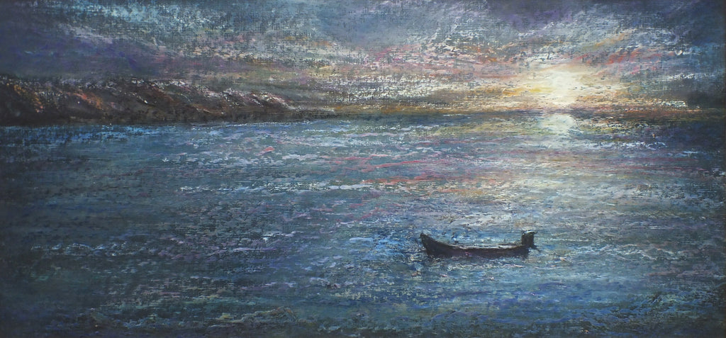 Seascape Impressionist Oil Pastel Painting Fishing Boat Sunset Framed Original Vintage Nautical Art Maritime Painting