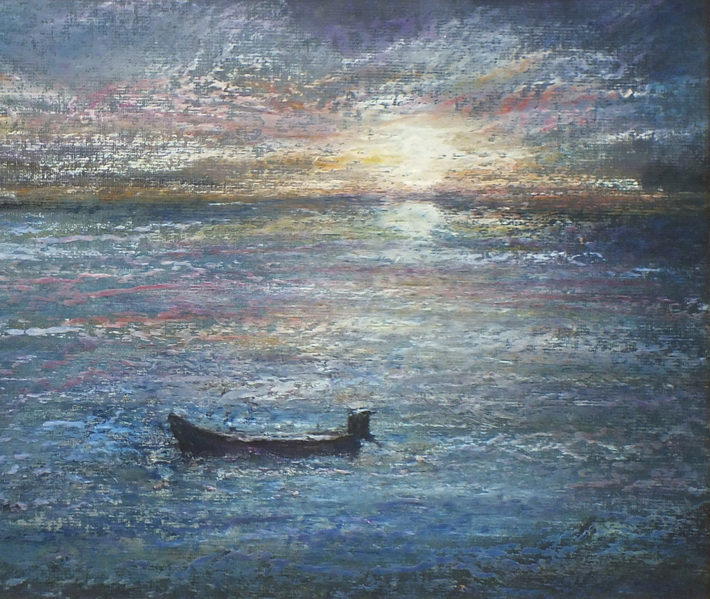 Seascape Impressionist Oil Pastel Painting Fishing Boat Sunset Framed Original Vintage Nautical Art Maritime Painting