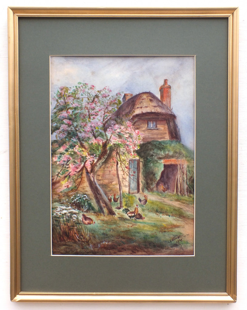 English Thatched Cottage Watercolor Painting Signed Framed Vintage Farmhouse Wall Art Country Scene English country landscape painting  