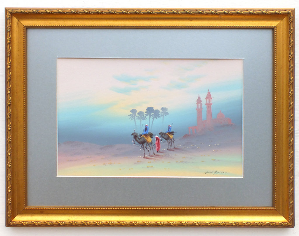 Antique Arabian Desert LandscapeGouache Painting Signed Framed